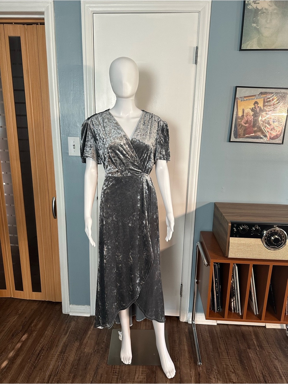 Xhilaration Silver Crushed Velvet Wrap Midi Dress